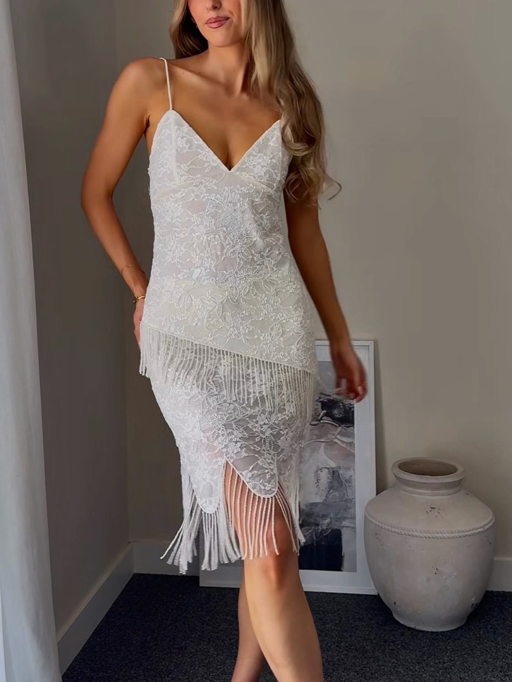 Zara NWT 2 piece top & skirt SET Lace Fringe beaded embellished ivory cream set - Picture 3 of 16